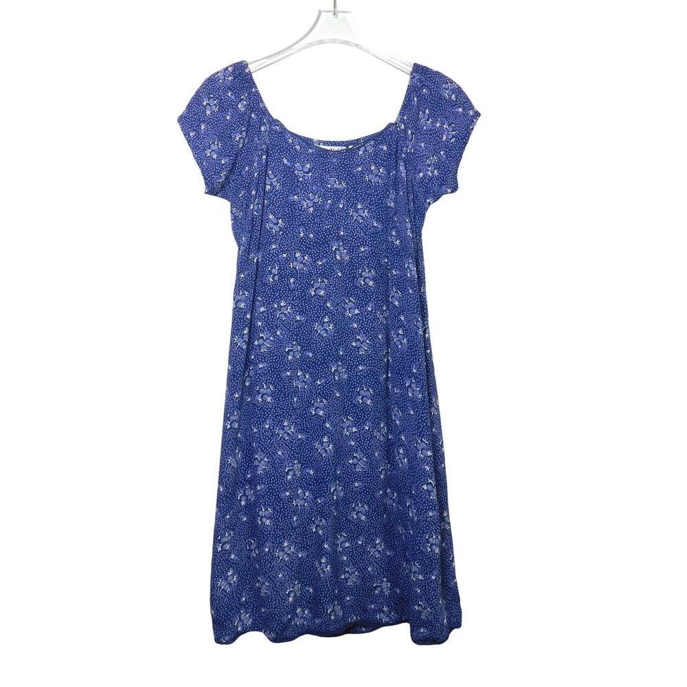 Vintage Pretty Pink Blue Ditsy Floral Mini Dress Scoop Neck Short Sleeve‎ Size M